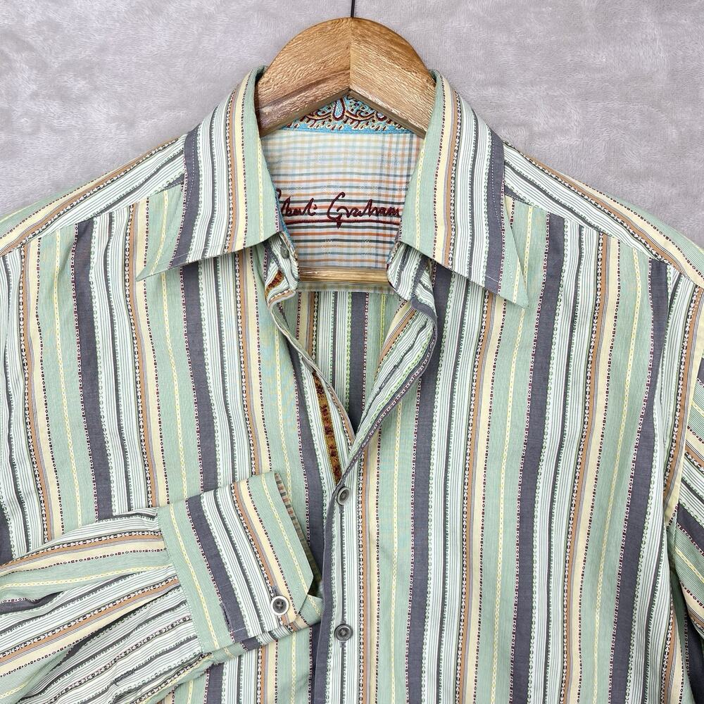Robert Graham Men's Med Green Striped Flip Cuff Shirt Embroidered Paisley *flaw*